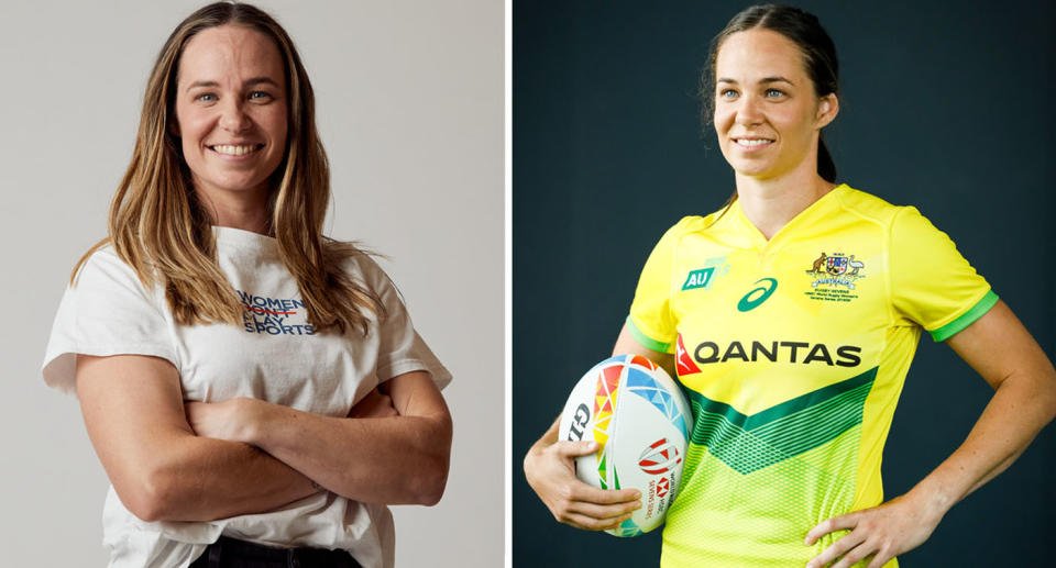 Chloe Dalton smiles (left) and in her Australian rugby uniform (right).