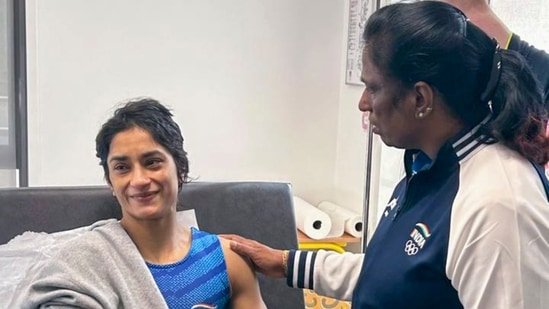 Indian Olympics Association (IOA) President PT Usha meets wrestler Vinesh Phogat after the latter was hospitalised following her disqualification from the Paris Olympics Indian Olympics Association (IOA) President PT Usha meets wrestler Vinesh Phogat after the latter was hospitalised following her disqualification from the Paris Olympics