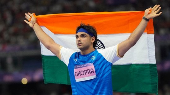 Paris: India's Neeraj Chopra celebrates after winning the silver medal in the men's javelin throw athletics event at the 2024 Summer Olympics(PTI)