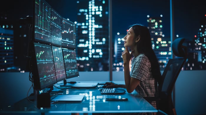 Someone looking at multiple screens with stock charts.