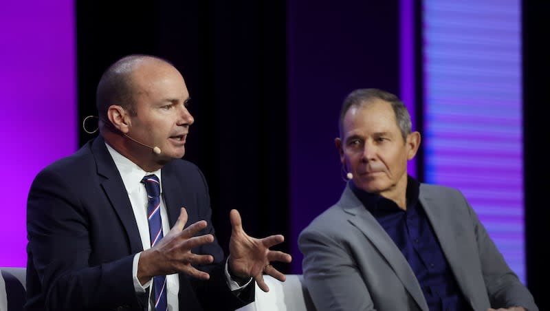 Sen. Mike Lee, R-Utah, and Rep. John Curtis, R-Utah, speak at the “Utah: The Frontier of Digital Asset Innovation" event during the Permissionless conference at the Salt Palace Convention Center  in Salt Lake City on Friday, Oct. 11, 2024.