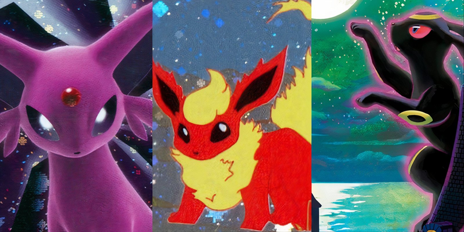 Artwork for Holo Espeon ex Unseen Forces, Holo Flareon Skyridge and Umbreon VMAX Alt Art Secret Pokemon TCG