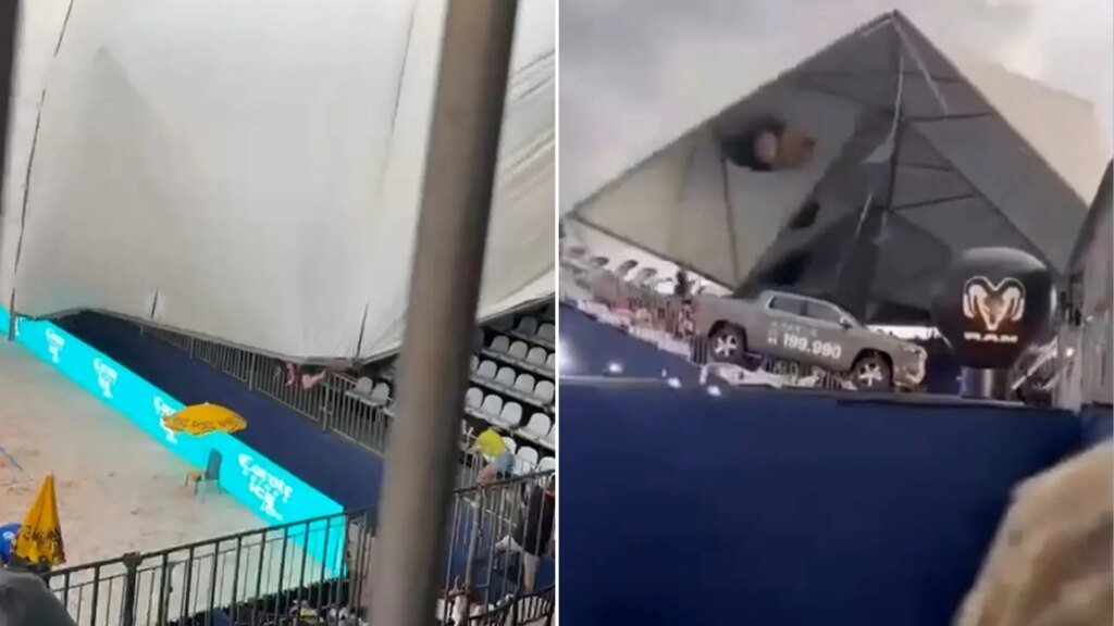 Horror moment metal roof COLLAPSES on fans during tennis match sending them fleeing and leaving one seriously injured